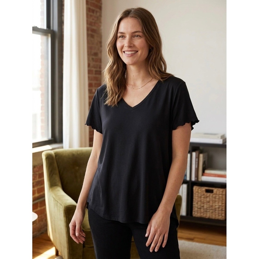 Quince Black Tencel Jersey V-Neck Tee Short Sleeve Top Womens XL
